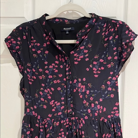 Madewell 100% Silk Navy Blue Dress with Pink Floral Accents - Picture 4 of 7